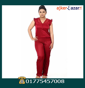 Ready Made Womens Dhuti Pattern Style Satin Night Dress - Maroon